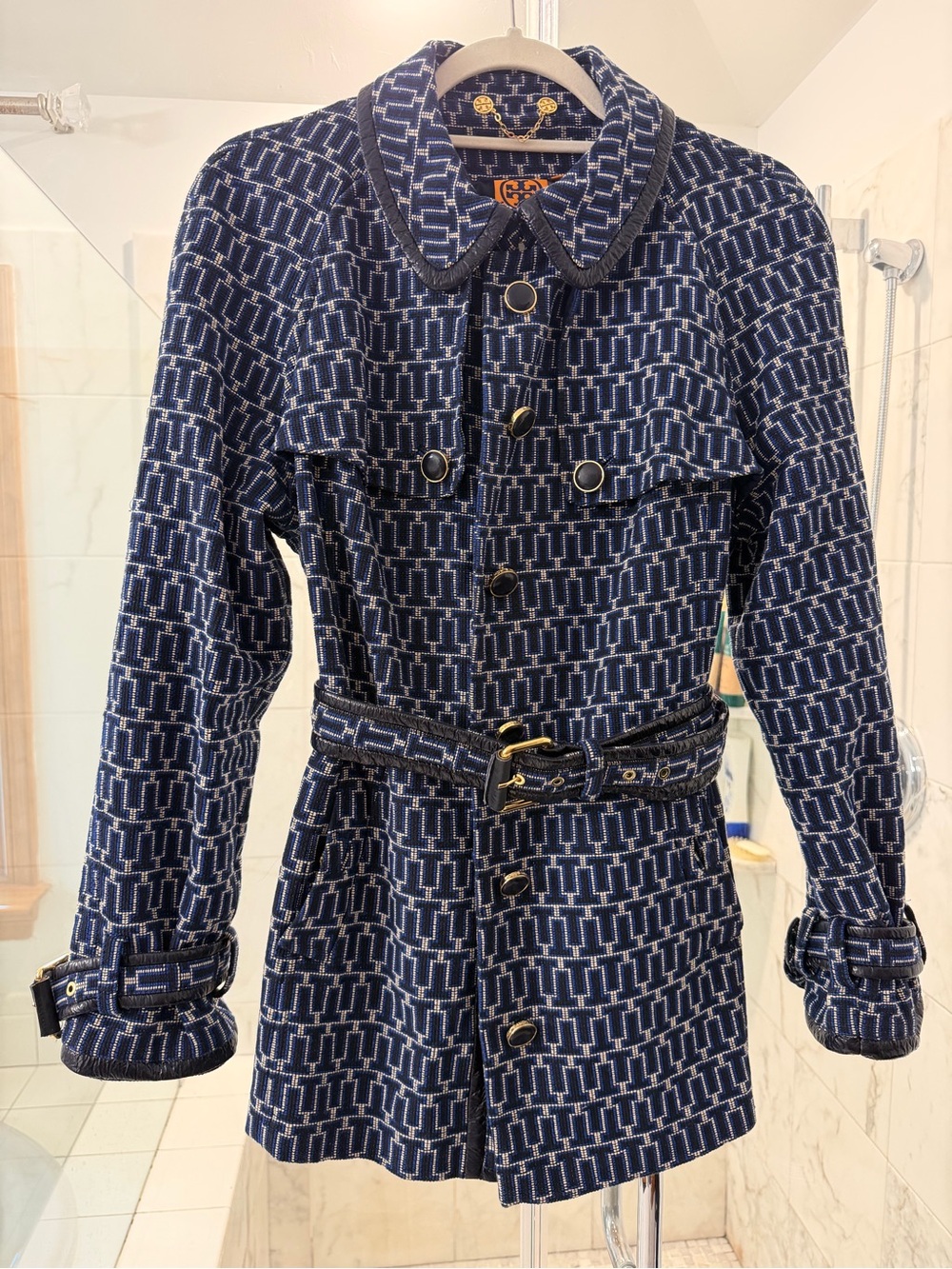 Tory Burch Navy T Patterned Belted Trench Coat